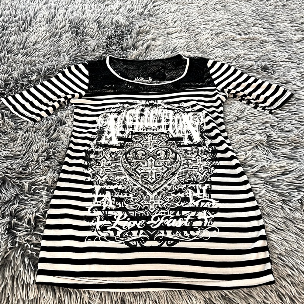 Women’s Affliction top with lace on upper part of shirt